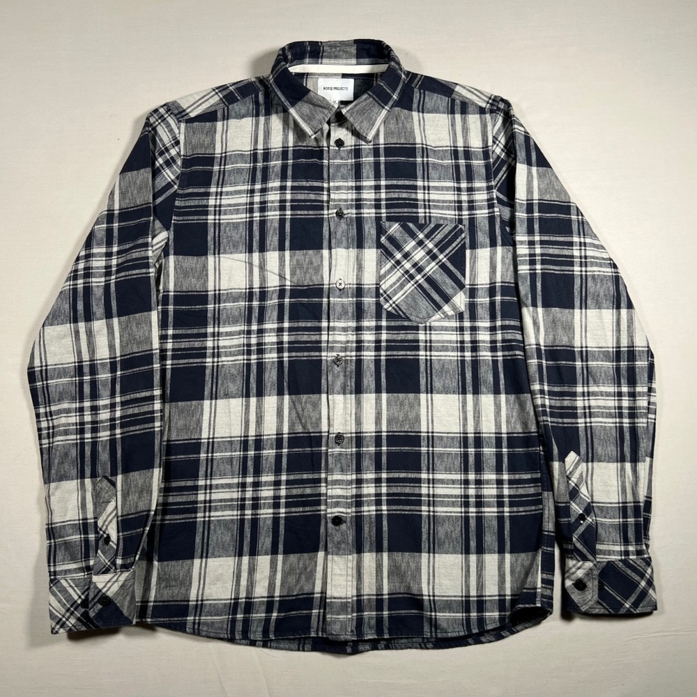 Norse Projects Anton Melange Check Shirt Mens Medium Navy Grey Plaid